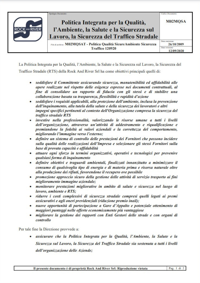 Politica Integrata per la Qualità, l'Ambiente, la Salute e la Sicurezza sul Lavoro, la Sicurezza del Traffico Stradale